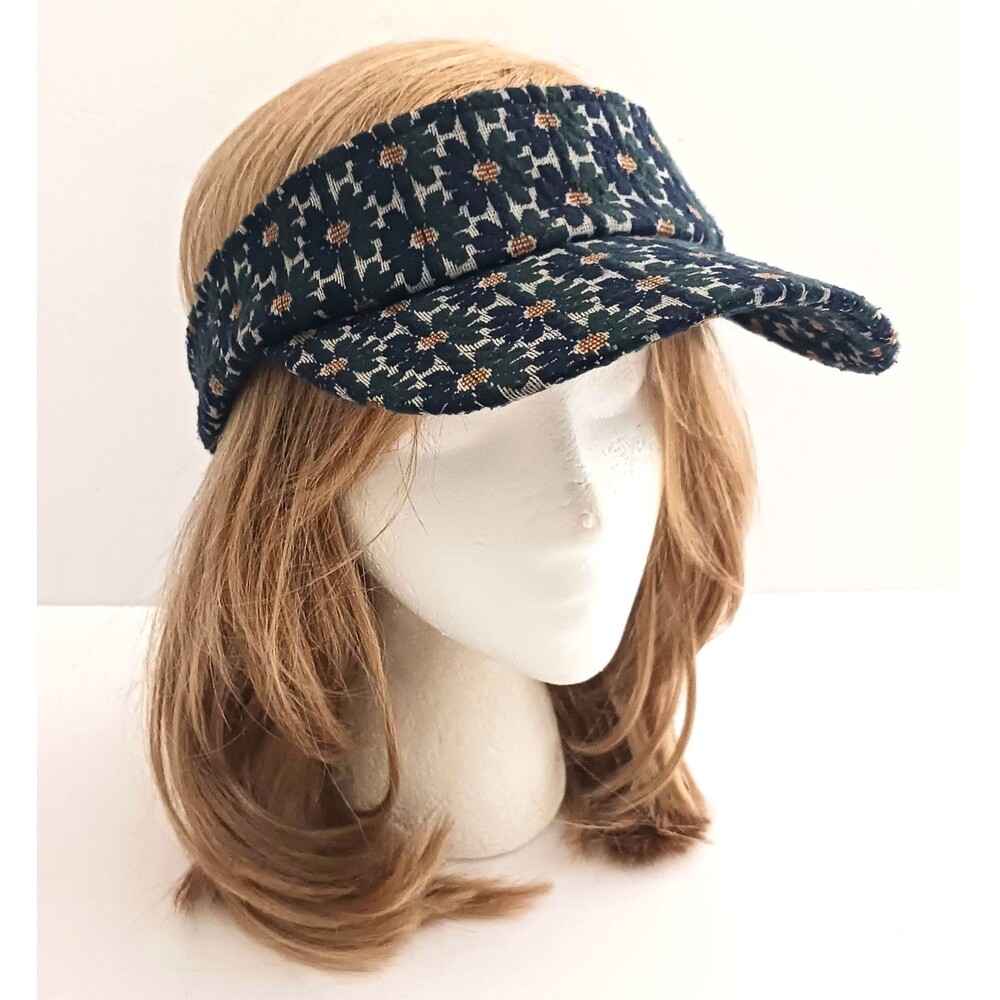 by Anthropologie Navy/Green Floral Print Visor Hat M/L Elastic Back